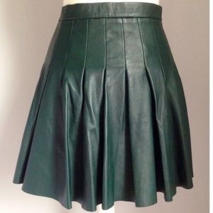 All Saints Green Pleated Leather Skirt